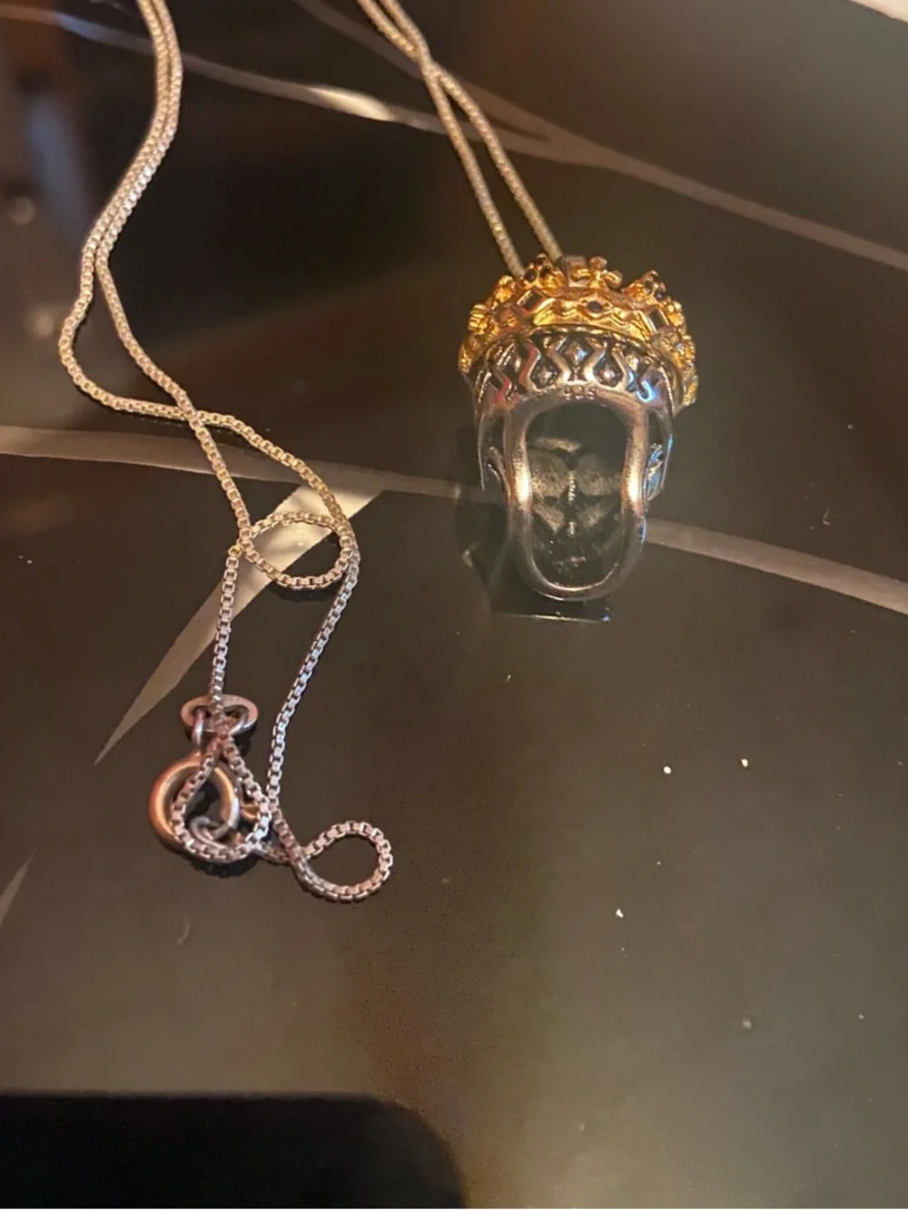 925 Sterling Skull Pendant Necklace with Gold Crown and Betsey Johnson Earrings - Picture 3 of 13